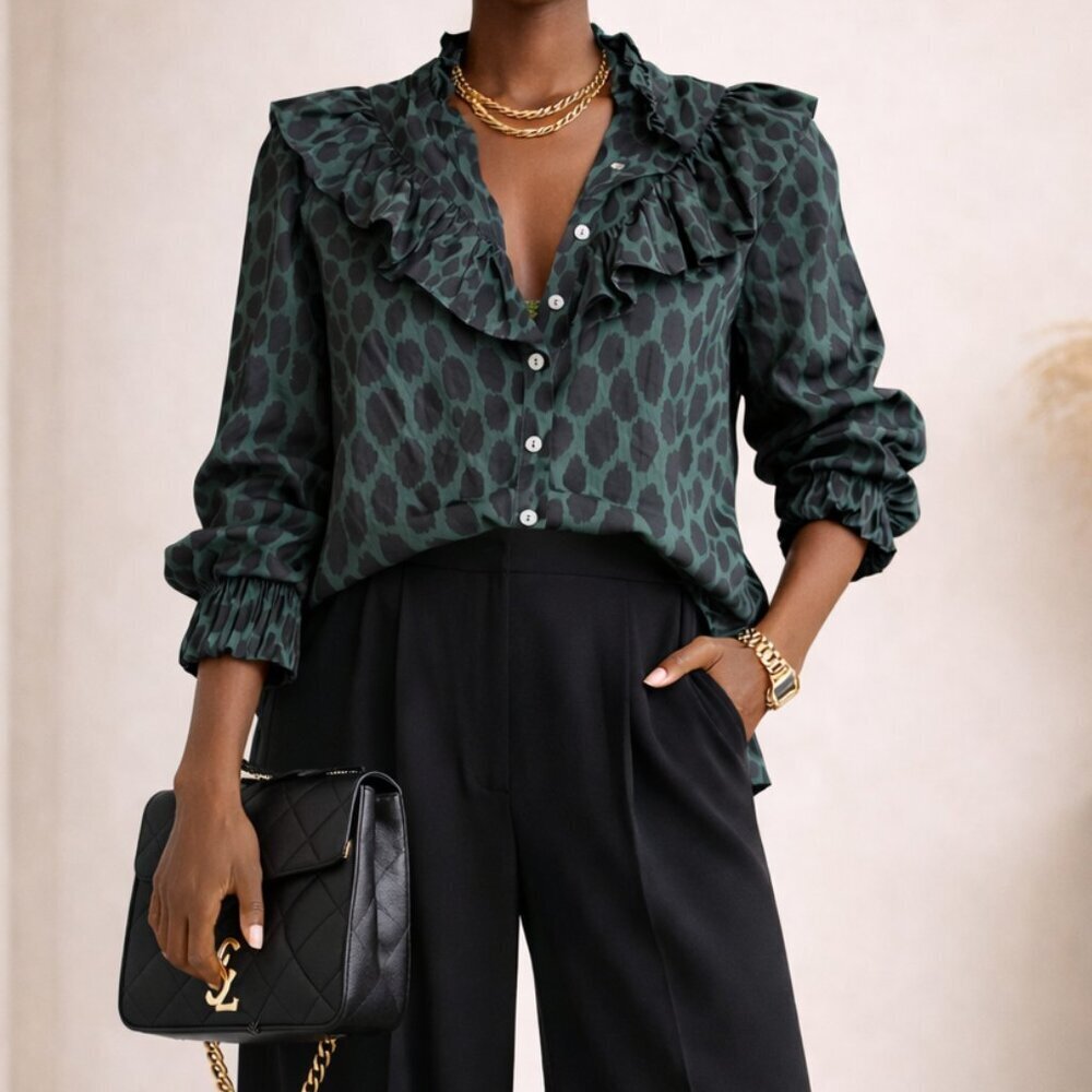 Caballero Ruffle Long Sleeve Blouse – Size Medium Green and Black